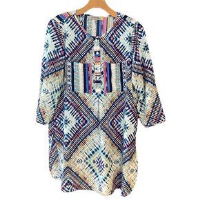 Figueroa & Flower Sz S White Pink Mixed Pattern Lightweight BOHO 3/4Sleeve Dress